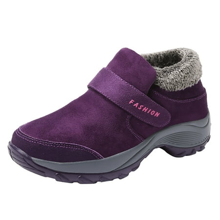 

YODETEY Women s Flats Shoes Plus Clearance Cotton Winter Outdoor Snow Velvet Warm Thick Bottom Large Size Thickened Cotton Boots Soft Bottom Purple