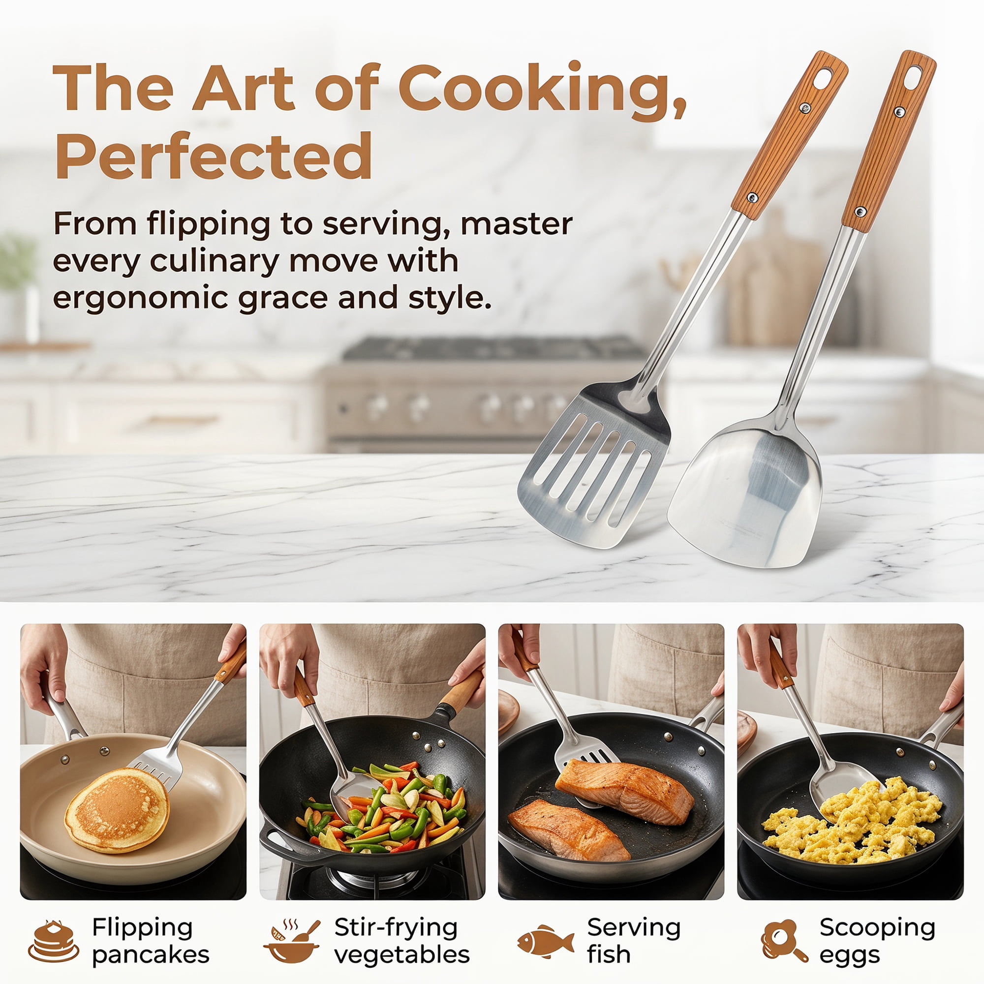 Unique Bargains Cooking Utensil Set, Stainless Steel Kitchen Gadgets Silver-Wood C 2pcs