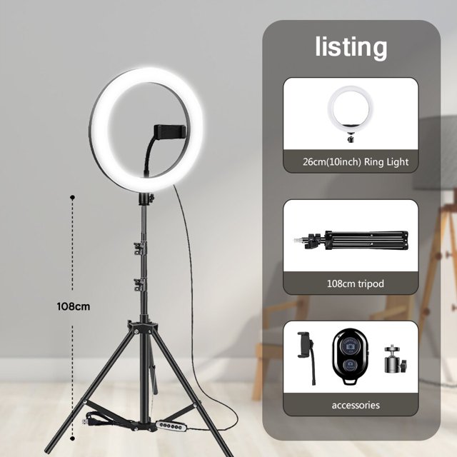 10quot; Anillo de luz LED para Selfie de 26cm, anillo de luz para fotografía y vídeo, soporte para teléfono, trípode, luz de relleno, lámpara regulable, transmisión Trepied Tan Jianjun unisex