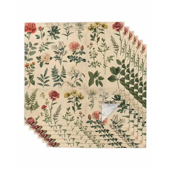 Vintage Botanical Cloth Napkins Set of 6 Reusable Dinner Napkins, Boho Plants Wildflower Mushroom Leaf Cocktail Napkin Washable Table Napkins for Wedding/Holiday Party/Baby Shower 20"x20"