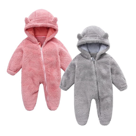 UAMVSH 2PC Newborn Baby Romper Fleece Long Sleeve Zipper Onesies Infant Boys Girls Warm Footed Hooded Jumpsuit Winter Clothes 0-12M
