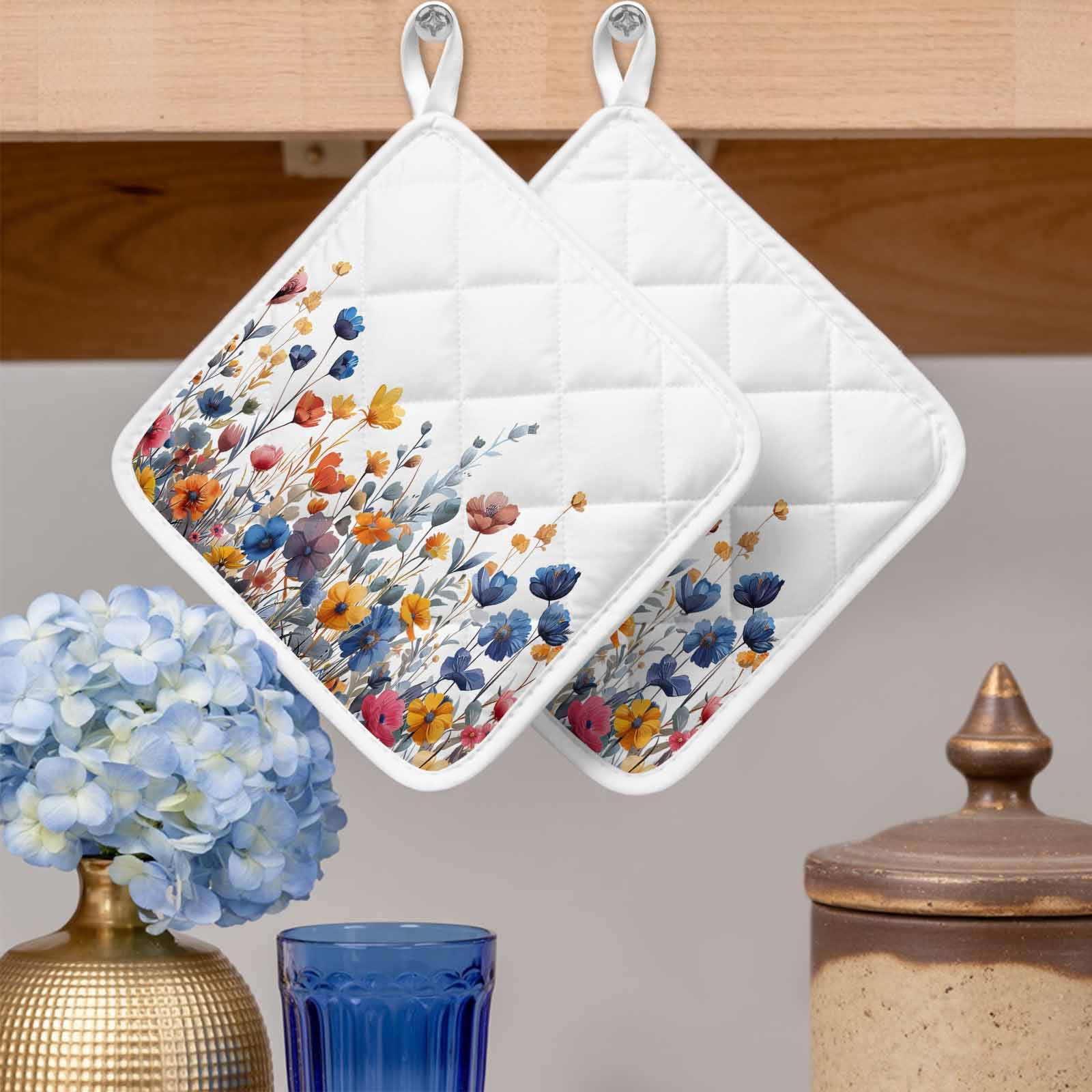 Colorful Spring Floral Pot Holders for Kitchen Heatproof Potholder, 5 Pack Elegant Summer Botanical Watercolor Hot Pads Multipurpose Oven Pads Cloth Potholders Trivet for Cooking Baking