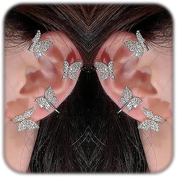 YMCSTONEMA 2Pcs Butterfly Earrings For Women No Piercing Butterfly Flower Climber Wrap Earrings Fairy Tassel Zircon Butterfly Ear Clip Cuffs[eo6748]