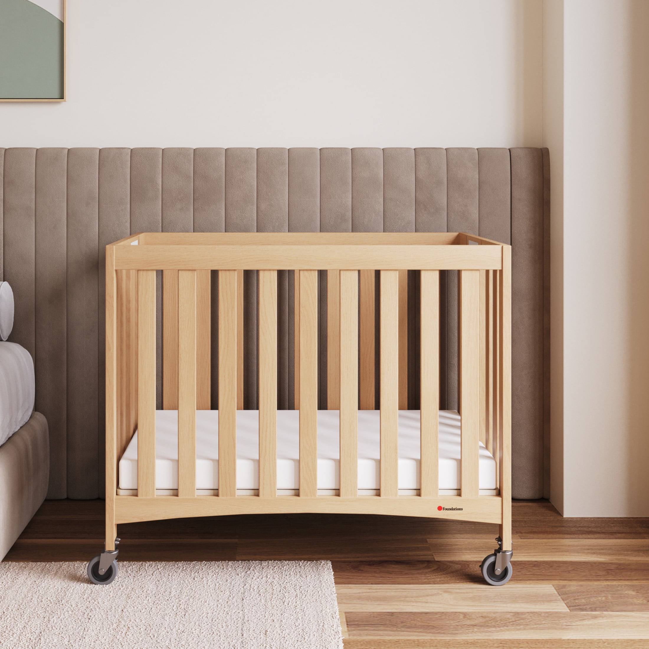 Foundations Compact Travel Sleeper Folding Hotel Crib and Sheet Bundle – Includes Wooden Mini Crib with 2" Foam Mattress (Natural) and 6-Pack White Fitted Compact Crib Sheets
