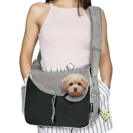 PetAmi Small Dog Sling Carrier  Soft-Sided Crossbody Puppy Carrying Purse Bag  Adjustable Sling Pet Pouch to Wear Medium Dog Cat Travel  Dog Bag for Traveling  Breathable  Poop Bag Dispenser  Gray