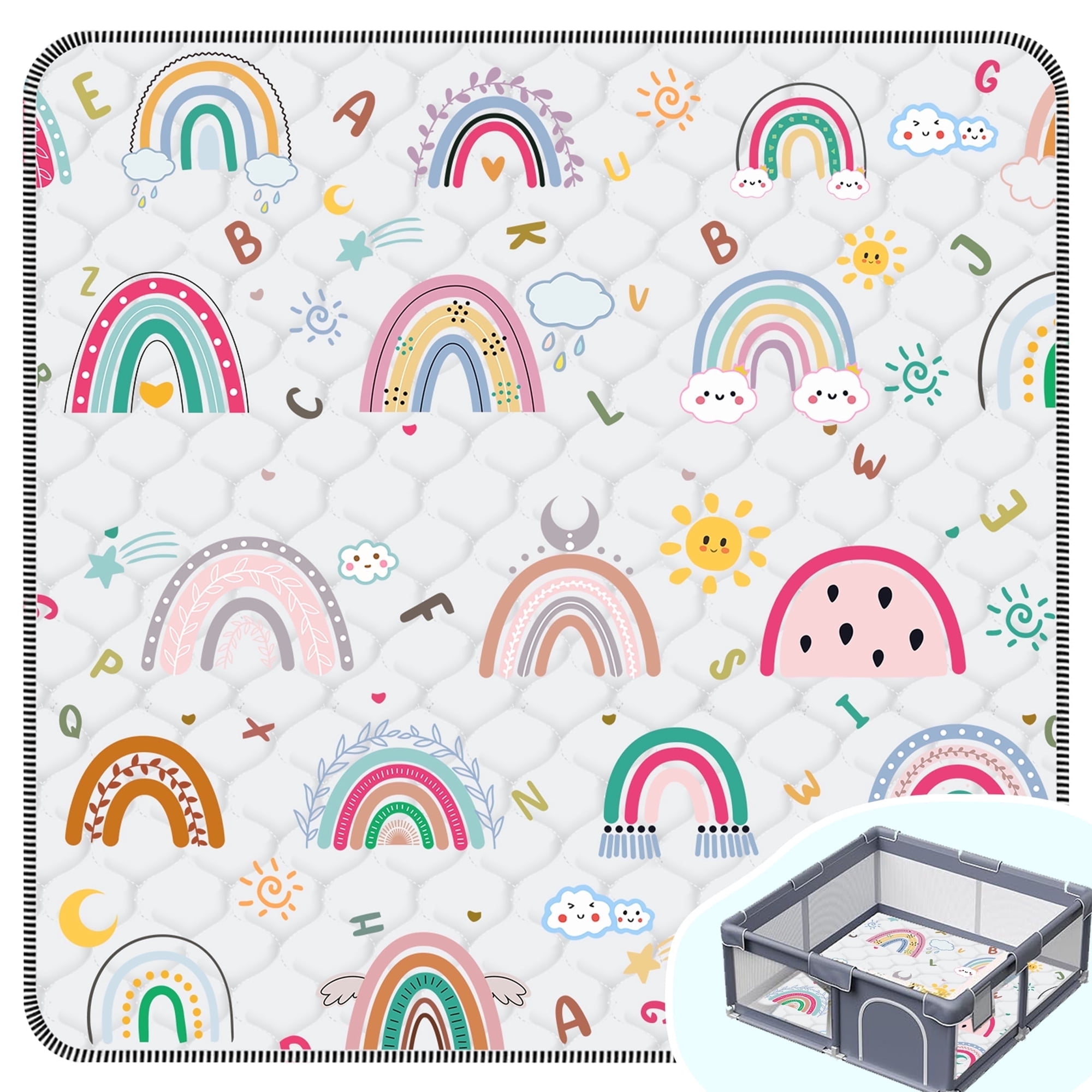FUGWU Baby Play Mat for Floor, Fits 50x50 Playpen,Machine Washable, Non-Slip & Soft Crawling Mat for Infants (Rainbow)