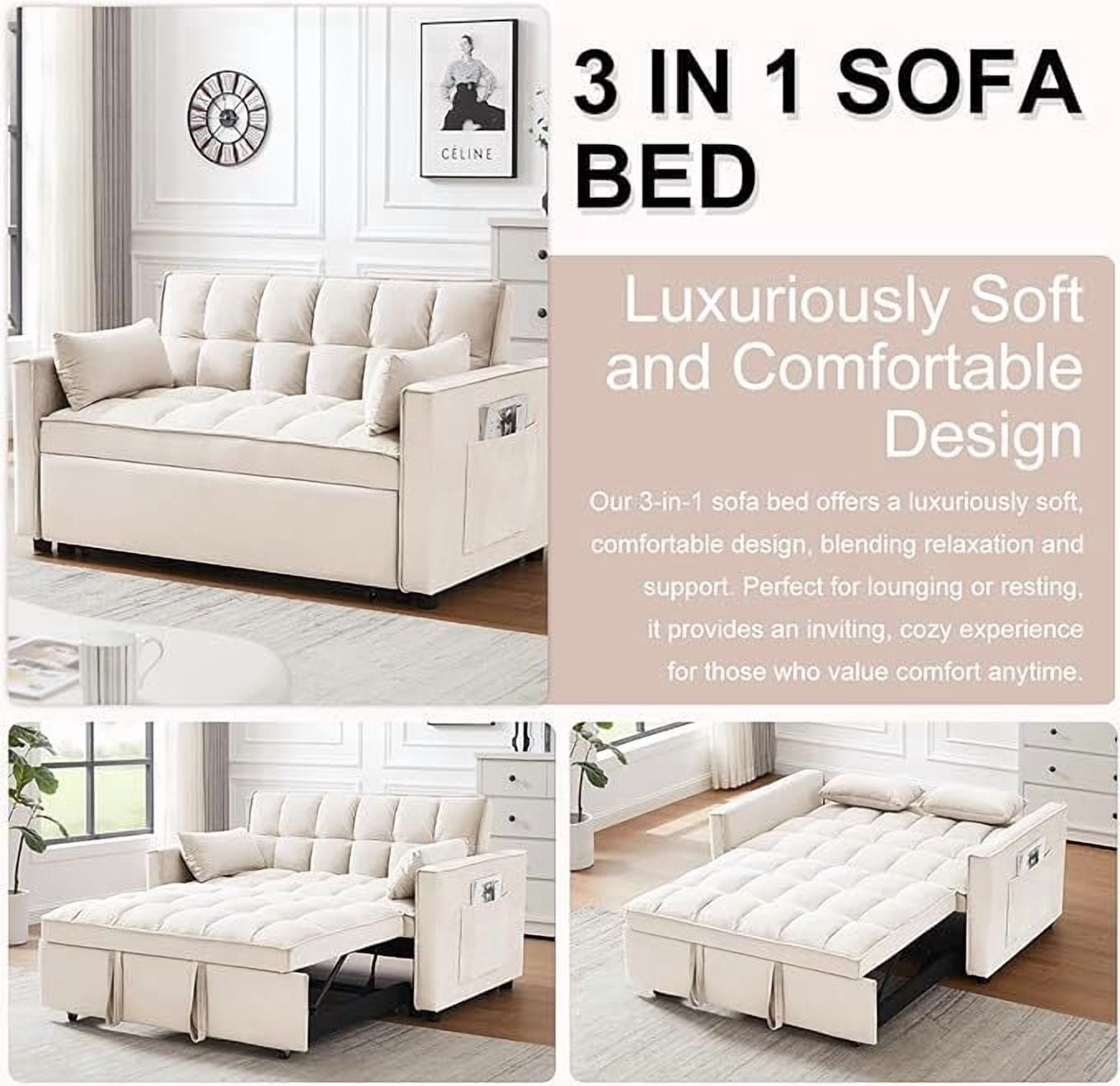 ShiKeyi 3 in 1 Convertible Sleeper Futon Sofa Bed, 55" Pull Out Sofa Bed with Storage Pocket/Side Pocket/2 Pillows for Living Room, Beige
