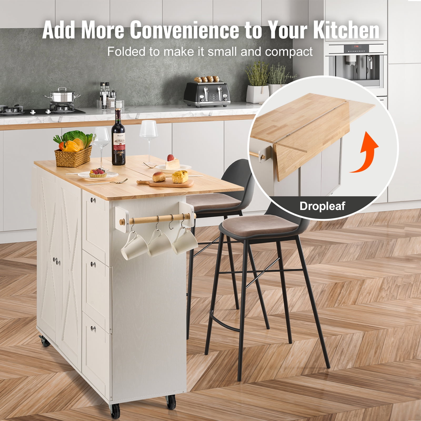 KFFKFF Kitchen Island Cart with Solid Wood Top, 45.3" Wide Mobile Cart with Storage Cabinet, Rolling Kitchen Table Featuring Spice Rack, Towel Holder, Drop Leaf, and Drawer, Portable Island on Wheels