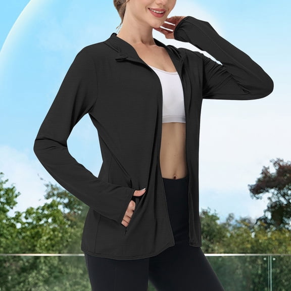 ZyeKqe Athletic Jackets for Women Sun Protection Long Sleeve Hooded Full Zip Upf 50 Outdoor Hiking Workout Tops with Pockets