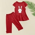 thumbnail image 4 of Zwiiyzr 1-10 Years Little & Big Girl Summer Outfits Cute Bunny Ruffle Short Sleeved Flutter Sleeve Elastic Waist Cropped Pants Daisy 2Pcs Clothing Set Watermelon Red, 4 of 5