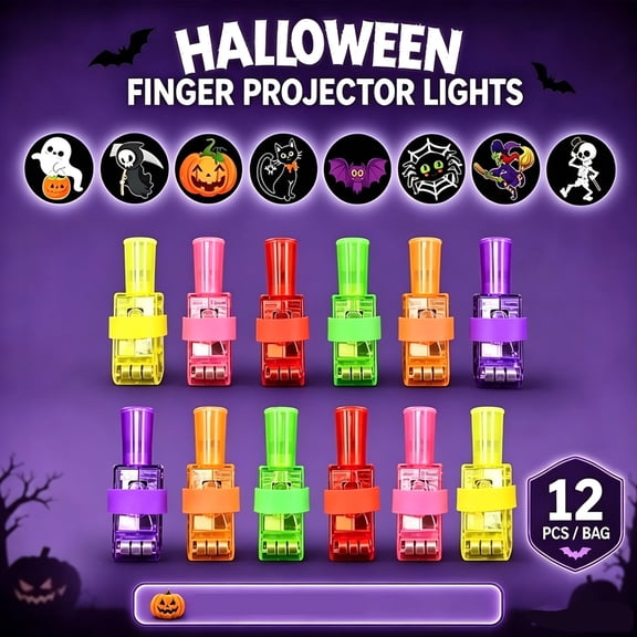 Halloween Finger Projector Lights, 12 Pack Multi-Color Finger Flashlights with Elastic Band, Spooky Pattern Projection Lights, Trick or Treat Goodie Bag Fillers, Halloween Party Favor Supplies