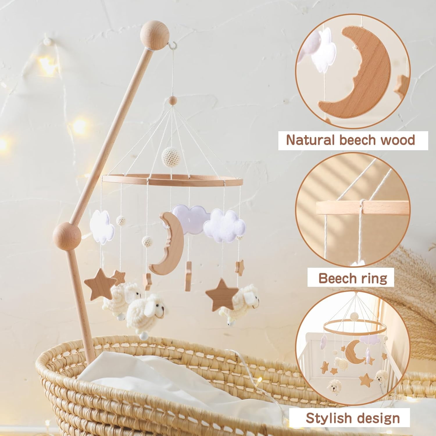 Wooden Baby Crib Mobile – Montessori-Inspired Nursery Decor with Soft Neutral Tones, Handcrafted Hanging Toy for Newborns 0-6 Months, Calming Visual & Sound Stimulation Gift​