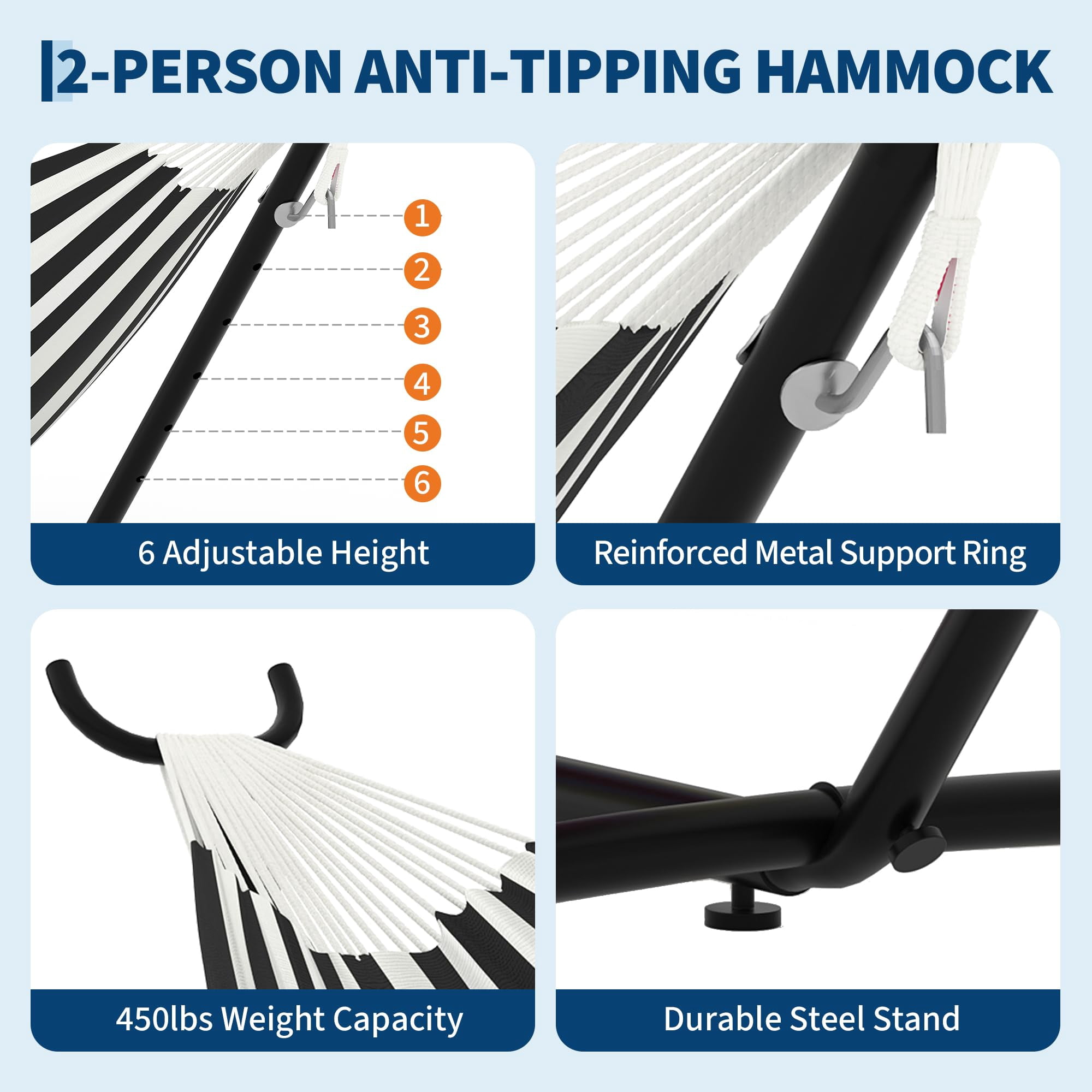 Double Hammock with Heavy Duty Steel Stand, 450 lbs Capacity, Portable Outdoor Hammock Set with Carry Bag for Patio, Yard, Camping, and Garden