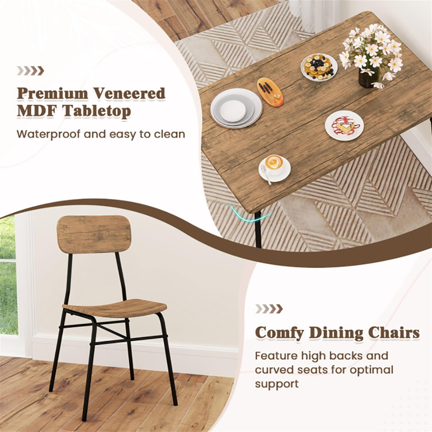 Demi Bonn 4-Piece Dining Table Set with Bench and 2 Chairs, 43" Kitchen Table with Metal Frame and Storage Rack, Perfect for Small Space, Brown