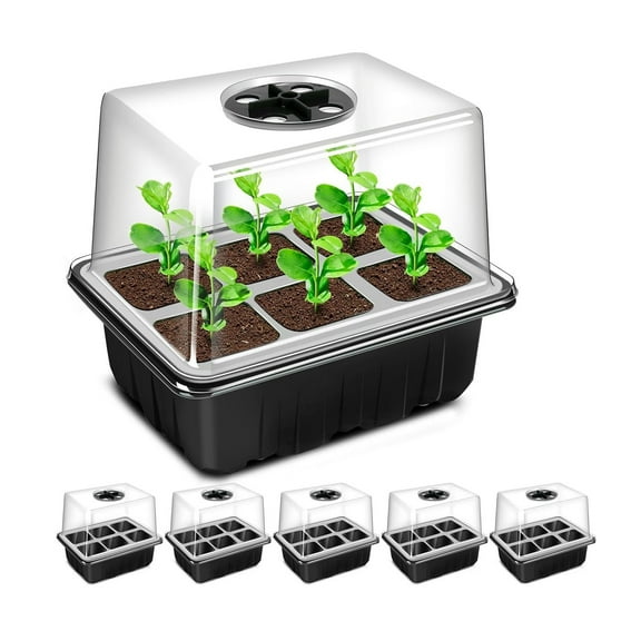 Seed Starter Tray, 5 Pack 6 Cells Seed Starter Kit, Seed Starting Trays with Humidity Dome/Heightened Lids Growing Trays for Greenhouse & Gardens, Black