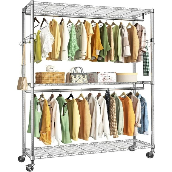 Heavy Duty Rolling Garment Rack 3 Tiers Adjustable Wire Shelving Clothes Rack with Double Rods and Side Hooks, Freestanding Wardrobe Storage Rack Metal Clothing Rack, Chrome