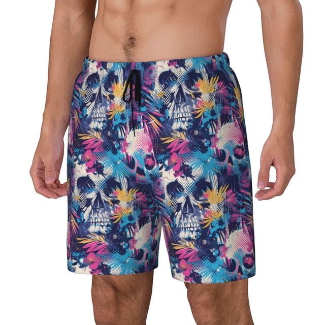 Balery cool Skull colorful Bañador para hombre, shorts de playa de secado rápido con entrepierna y forro de compresión-Small
