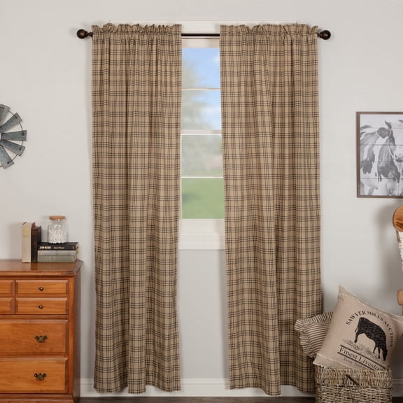 VHC Brands Farmhouse Window Curtains-Sawyer Mill Tan Panel Pair, One Size, Charcoal Black