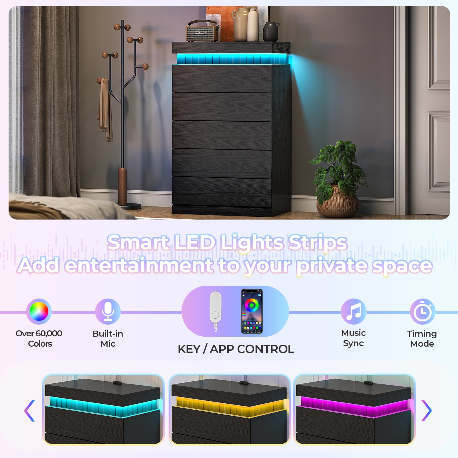 Tall Dresser with LED Light and Power Outlet, Modern 5 Drawers Floating Dressers, Chest of Drawer for Bedroom, Living Room, Hallway, Entryway, Black