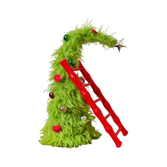 Whimsical Curved Fluffy Green Tabletop Christmas Tree, Furry Bent Xmas Tree Decor with Red Ladder, Ornaments & Star Topper, Indoor Holiday Desktop Decoration for Mantel, Table, Shelf