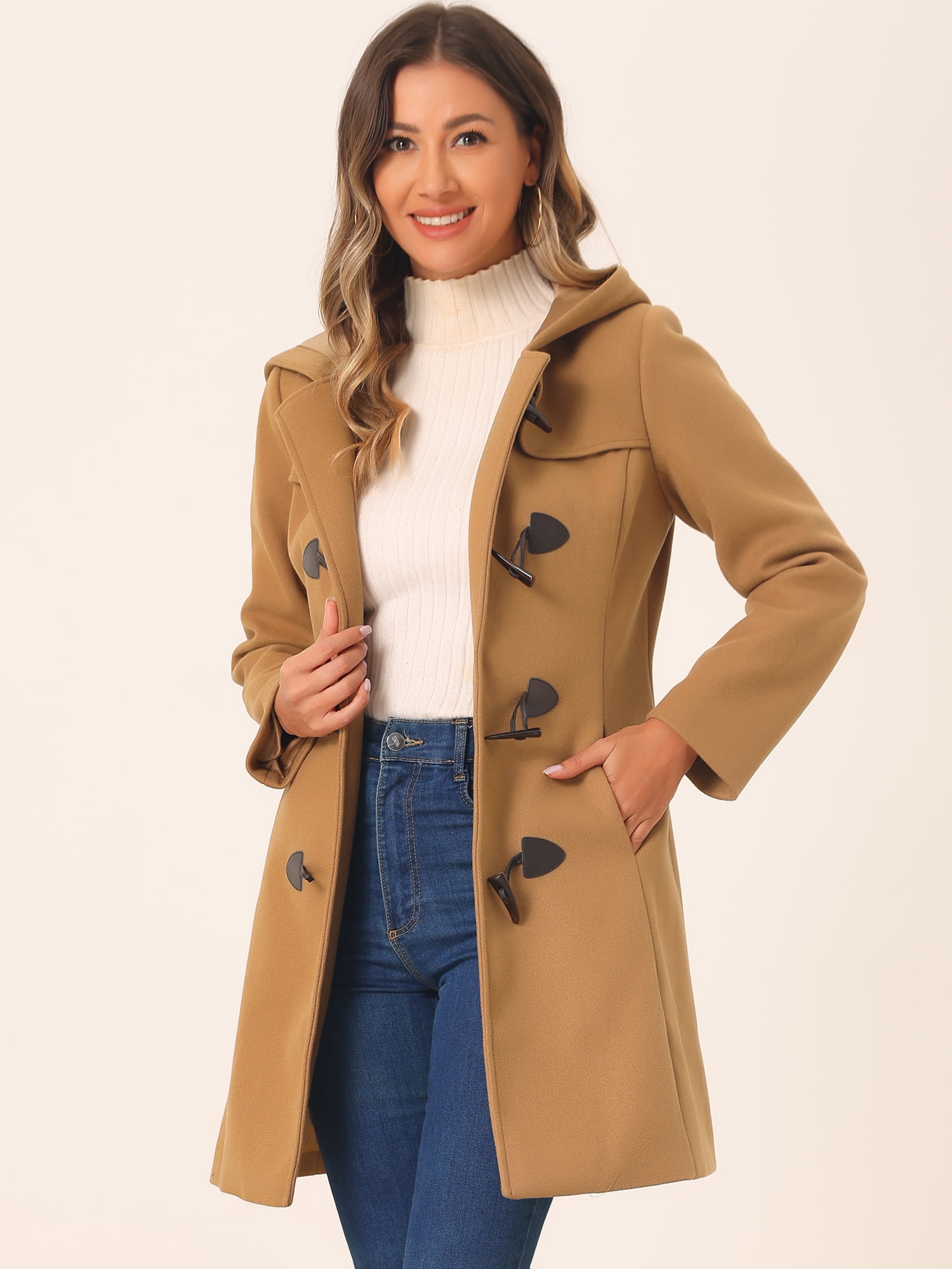 DARING DIVA Women's Hooded Toggle Button Up Duffle Coat Winter Outwear Camel XL