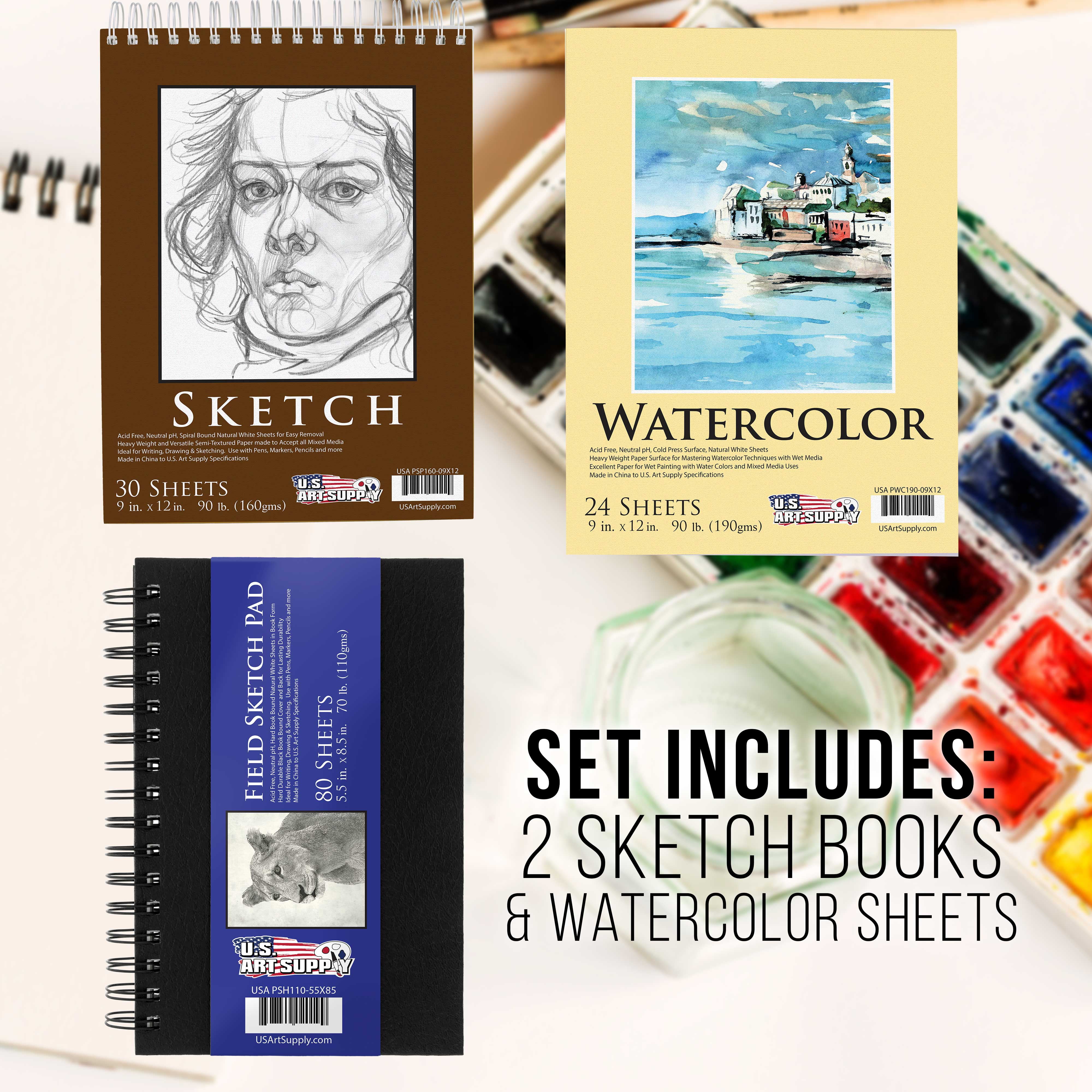 U.S. Art Supply 103-Piece Deluxe Art Creativity Set in Wooden Case with Wood Desk Easel - Artist Painting Pad, 2 Sketch Pads, 24 Watercolor Paint Colors, 17 Brushes, 24 Colored Pencils, Drawing Kit