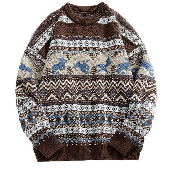 TFEOQRY Men's Crew Neck Vintage Sweater Striped Patterned Knit Long Sleeve Casual Pullover Fall Winter Top Coffee