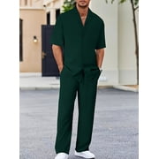 2 Piece Men's Outfits Textured Button Short Sleeve Shirt Drawstring Waist Loose Pants Set Tracksuits Vacation Outfit Black L