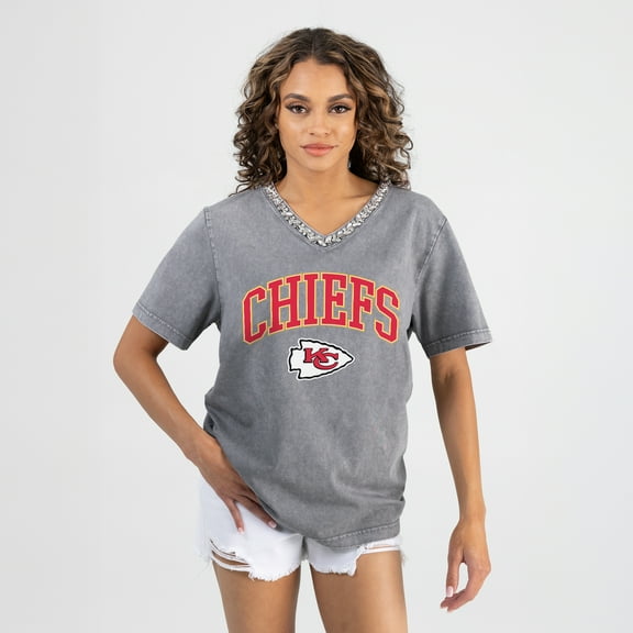 Women's Gameday Couture Gray Kansas City Chiefs Relaxed Iconic Edge Rhinestone V-Neck T-Shirt
