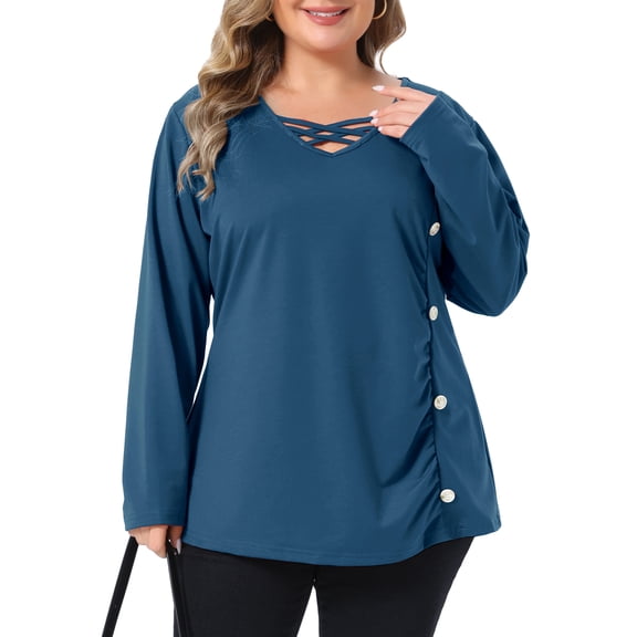 Agnes Orinda Women's Plus Size Crisscross V Neck Tunic Top Side Button Decor Ruched Long Sleeve Soft Stretchy Casual Blouse 1X Blue