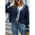 thumbnail image 5 of Contrast Varsity Striped Button Up Cardigan Sweater Long Sleeve for Women Navy Large, 5 of 5