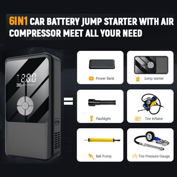 7200A 6-in-1 Multi-Function Emergency Jump Starter with Air Compressor 150PSL Portable Car Battery Starter Digital Tire Inflator for 2.64 Gallon Gasoline or 2.38 Gallon Battery Vehicles