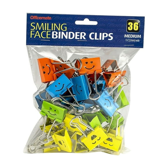 Officemate 31095 Smiling Face Binder Clips, Medium, Assorted Colors, 36/pack