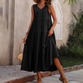 thumbnail image 4 of Plus Size Elegant Women'S Holiday Dress Solid Color V Neck Tiered Hem Loose Fit Linen Maxi Dress For Casual Outings, 4 of 8