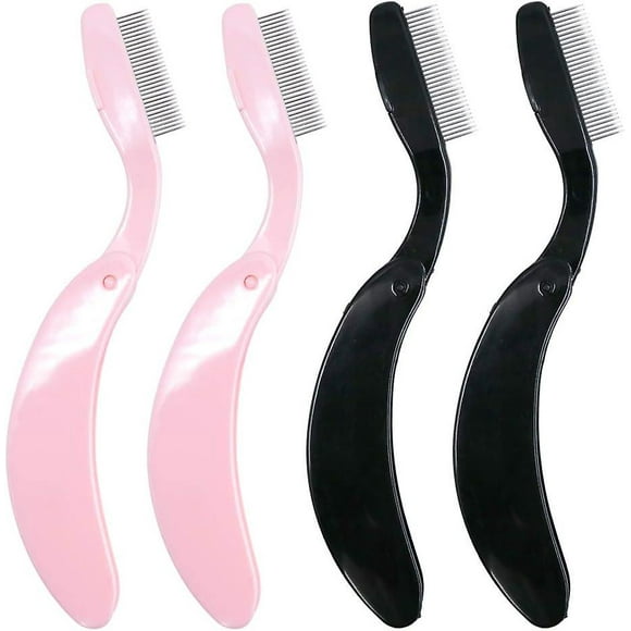 Folding Eyelash Comb, 4 Pcs Eyebrow Comb Metal Teeth, Professional Tool For Define Lash & Brow,11cm,pink*2pcs, Black*2pcs