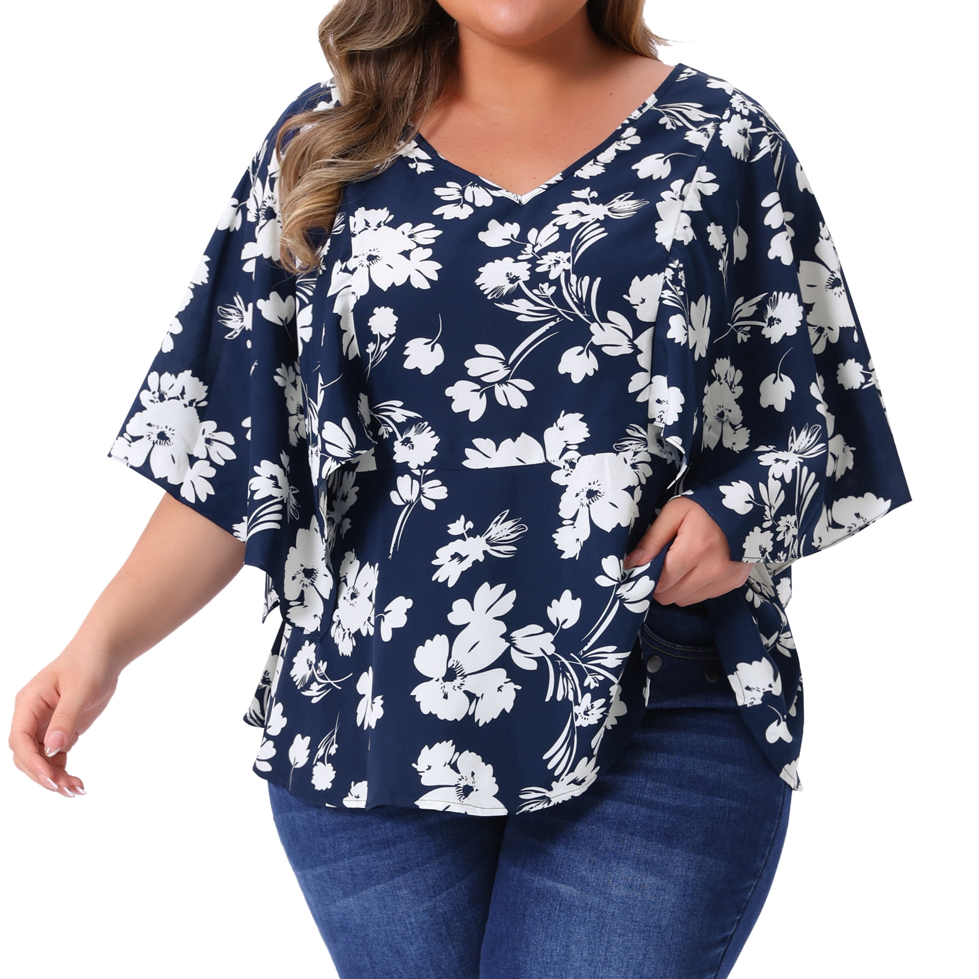 DARING DIVA Women's Plus Floral Flowy Sleeve Chiffon Blouses 3X Navy Blue
