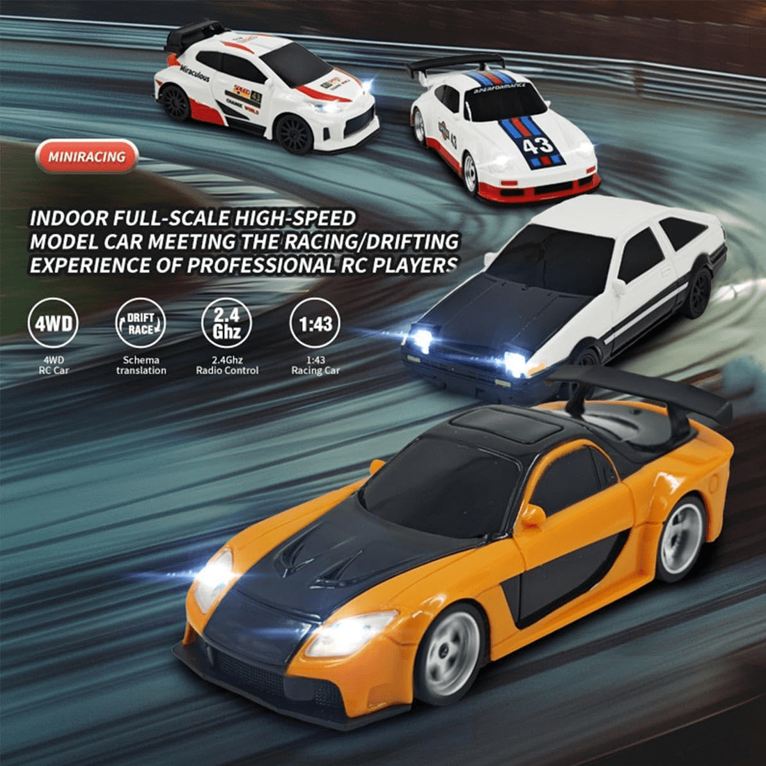 1/43 Scale Mini RC Drift Car, 2.4G 4WD Full Proportional Remote Control Sport Racing Car with 15KM/H High Speed & LED Lights, RC Electric Vehicle Toys for Adults