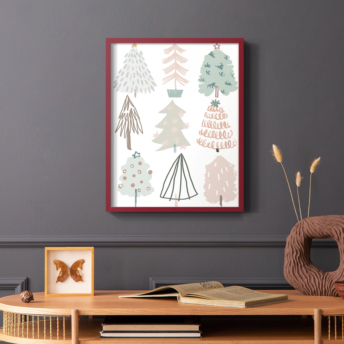 Christmas Tree Sketchbook I Framed Print in Red Solid Wood Framed Print No Nail Hanging