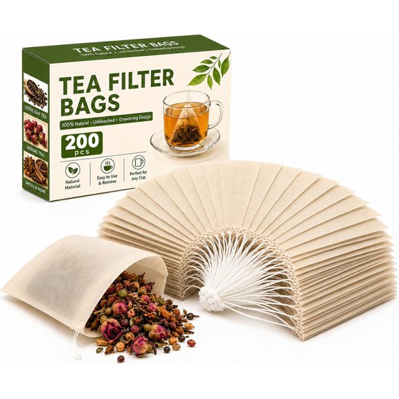 200 Pcs Tea Bags for Loose Leaf Tea, Empty Disposable Tea Bags(3.2 * 4in) | Biodegradable Wood Pulp; Leak-free Drawstring; Fine Filtration No Residue; Portable for Tea Coffee Herbs Spices Use