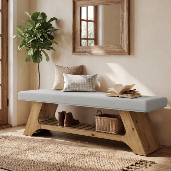 Finmind 55" Solid Wood Bench with Shoe Storage, 2-Tier Upholstered Entryway Bench, Farmhouse Hallway Seating for Living & Bed Room, Gray & Light Brown
