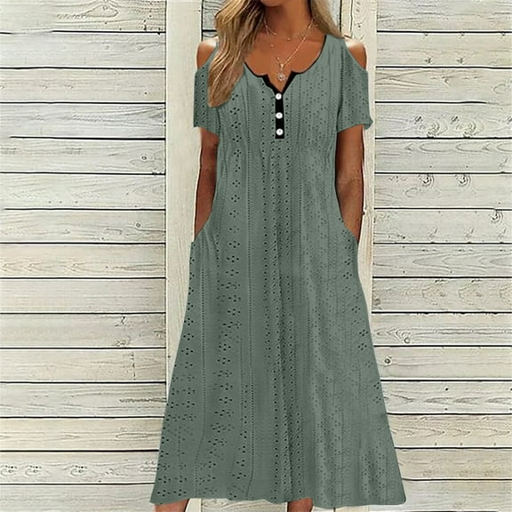Meichang Womens Eyelet Dresses Button V Neck Cold Shoulder Short Sleeve Dresses Flowy Beach Vacation Midi Dresses Casual Work Dresses with Pockets Green XL