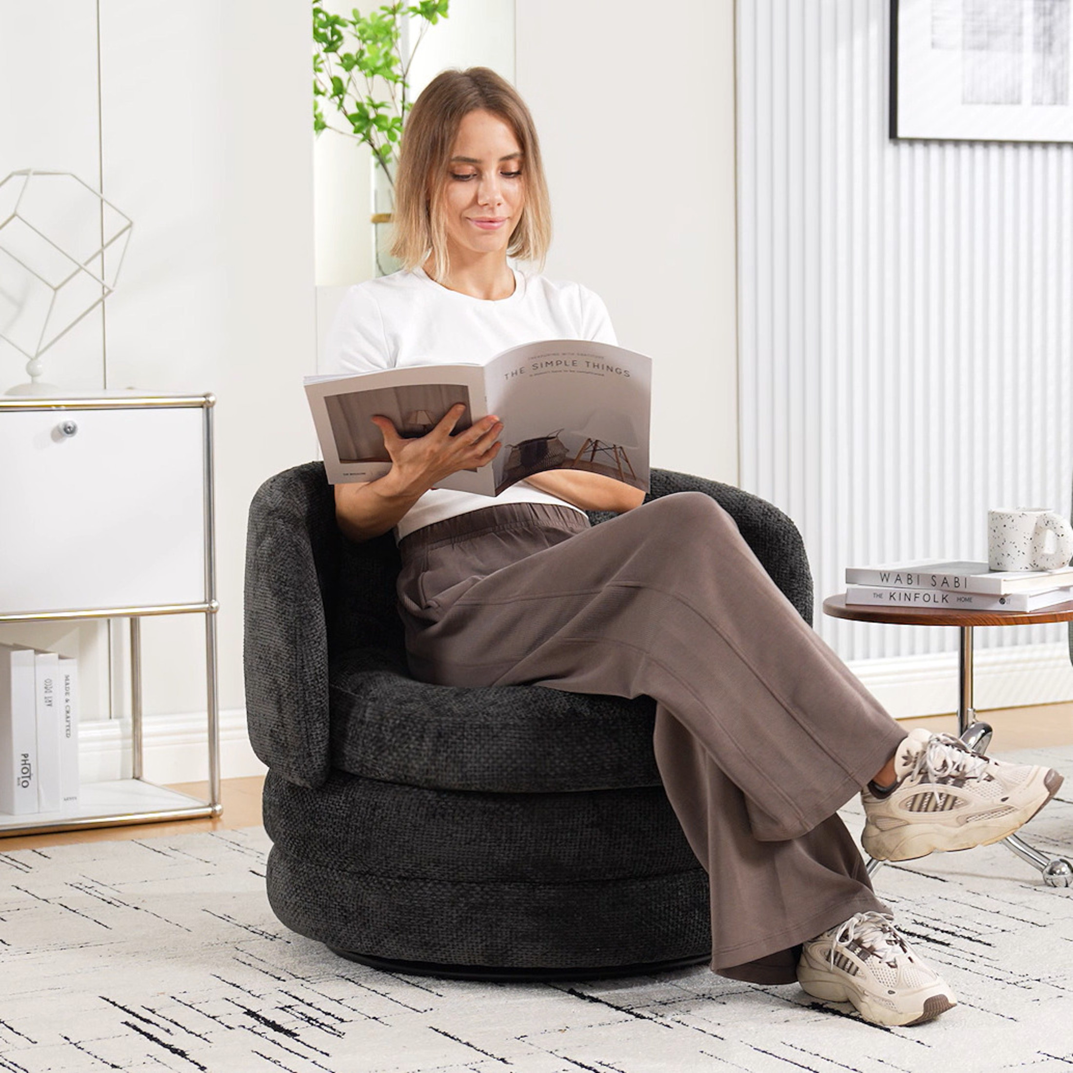 Noble House Norlyn 30" Chenille Swivel Barrel Accent Chair, 360° Comfy Lounge Reading Armchair with Pillow, Dark Gray
