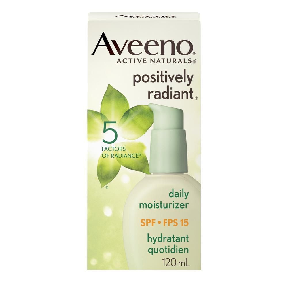Aveeno Positively Radiant Hydratant quotidien FPS 15 avec extrait de soja, Hydratant avec écran solaire, Sans huile, hypoallergénique et non comédogène, 120 ml