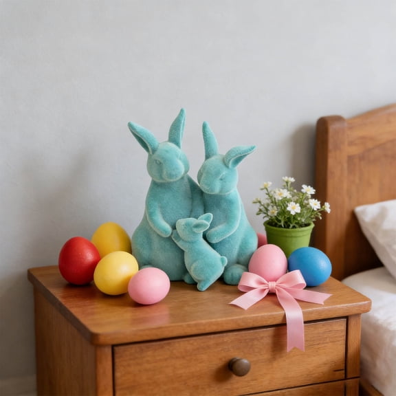 Blue Easter Flocked Bunny Figurine - Minimalist Style Festive Decoration with Easy Display Dust Resistant Durable, Cute Rabbit Ornament for Home Desktop & Easter Decor, Blue, 1pc