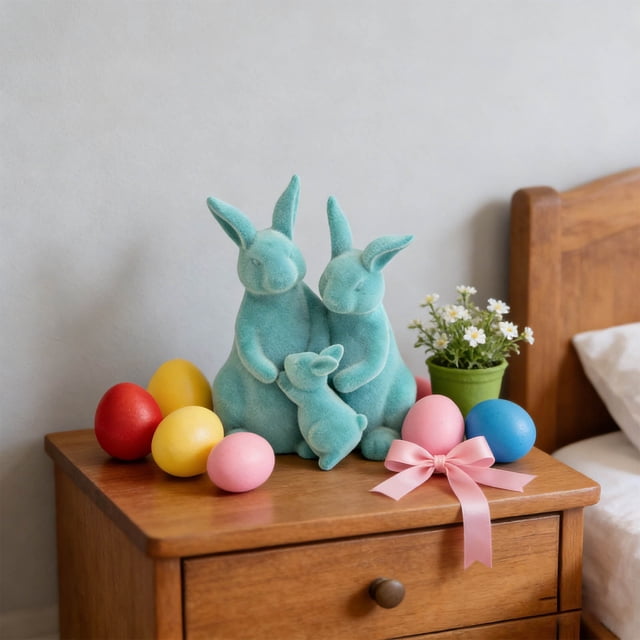 figura de conejo de pascua de estilo minimalista, decoración festiva para el hogar y el escritorio azul, vista frontal centrada de tres conejos de felpa aterciopelada azul claro sobre una mesita de noche de madera con huevos de pascua pintados y una maceta pequeña con flores; silueta simple y acabado liso, ideal para decorar escritorio u hogar.
