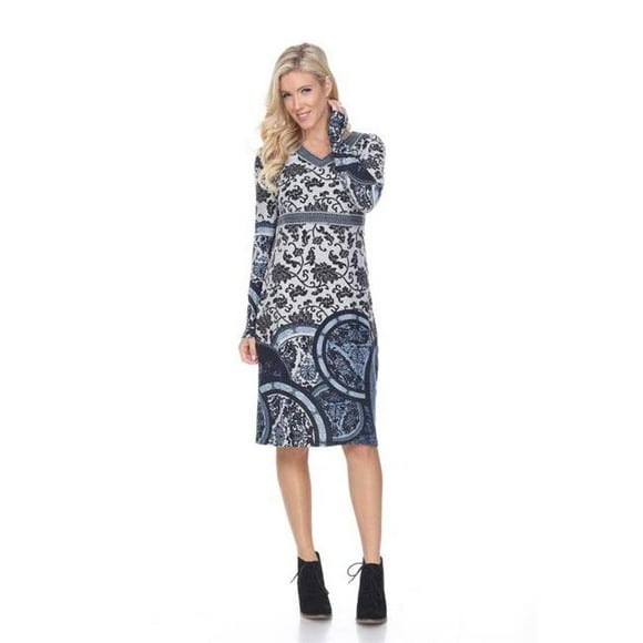 White Mark 6380-02 M Naarah Embroidered Sweater Dress, Blue - Medium