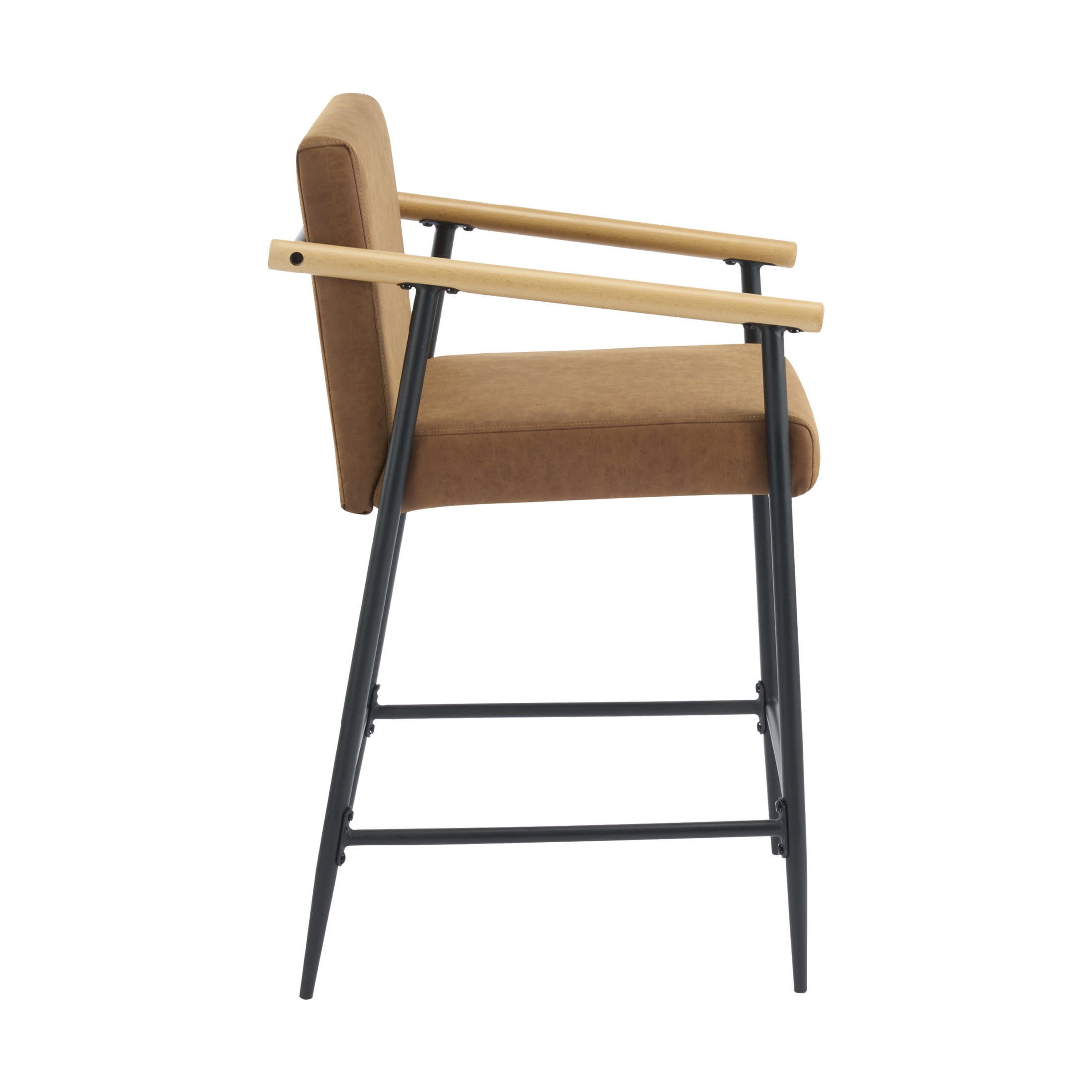 Christopher Knight Home Mid-Century Modern 26" Counter Height Stools, Metal Frame, Wood Armrests, Brown Cushion, Set of 2