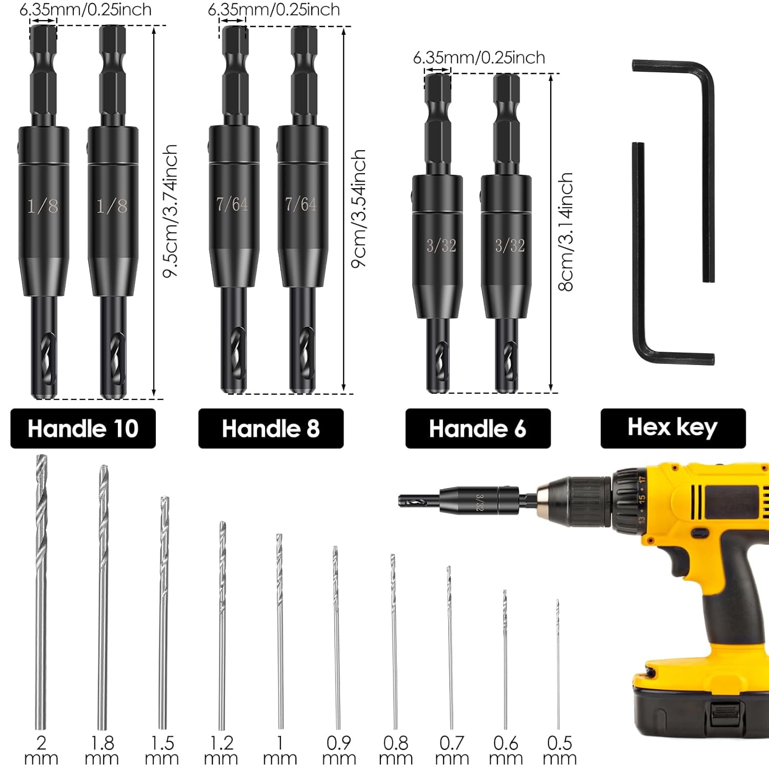 ABCISI 18 PCS Self Centering Hinge Drill Bit Set, 6 PCS 1/4" Hex Shank VIX Bit & 10 PCS 1/64”-5/64” Hinge Center Drill Bits & 2 PCS Hex Key for Woodworking Wood Cabinet Window Door