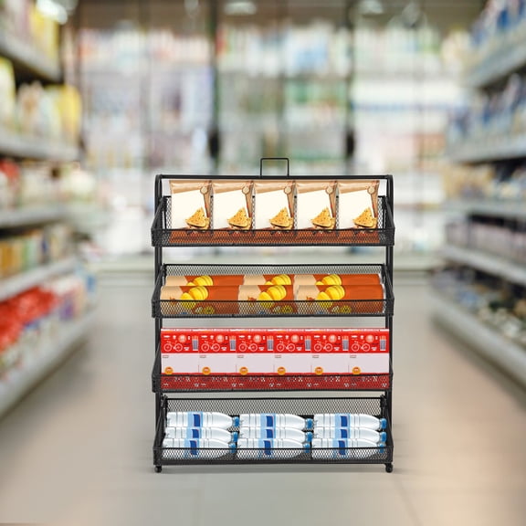 ToppiJoy 4-Tier Retail Candy Display Rack with Baskets, Metal Snack Organizer, Stable Structure, Retail Store Display Black