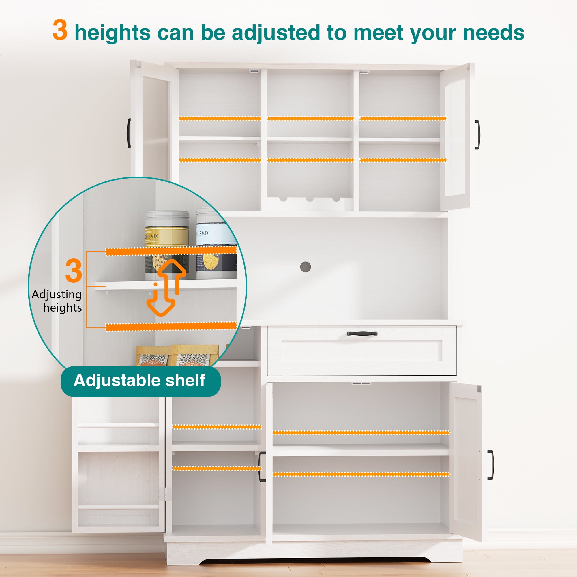 Walsunny Pantry Cabinet with Microwave Shelf Doors Drawer for Kitchen Storage 68" Tall Kitchen Food Cabinet Pantry Organizer Shelves Coffee Bar Cabinet with Hutch White